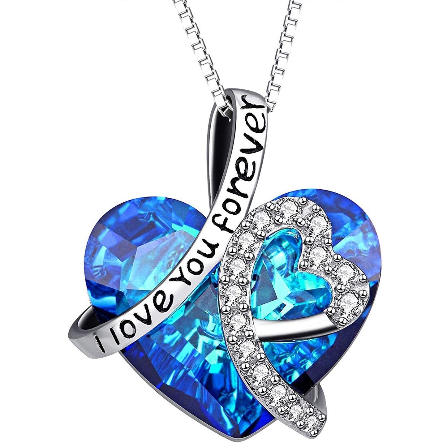 I LOVE YOU FOREVER Blue  Crystal Heart Necklace & Gift Box in 18K Whit