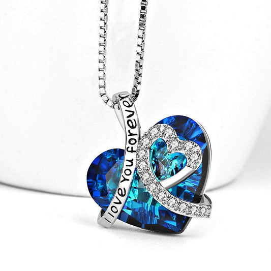 I LOVE YOU FOREVER Blue  Crystal Heart Necklace & Gift Box in 18K Whit