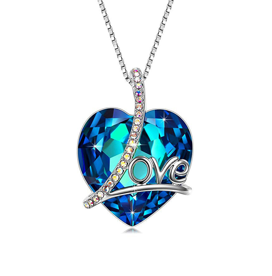 Classic Blue Love Heart Necklace in Rhodium Plating