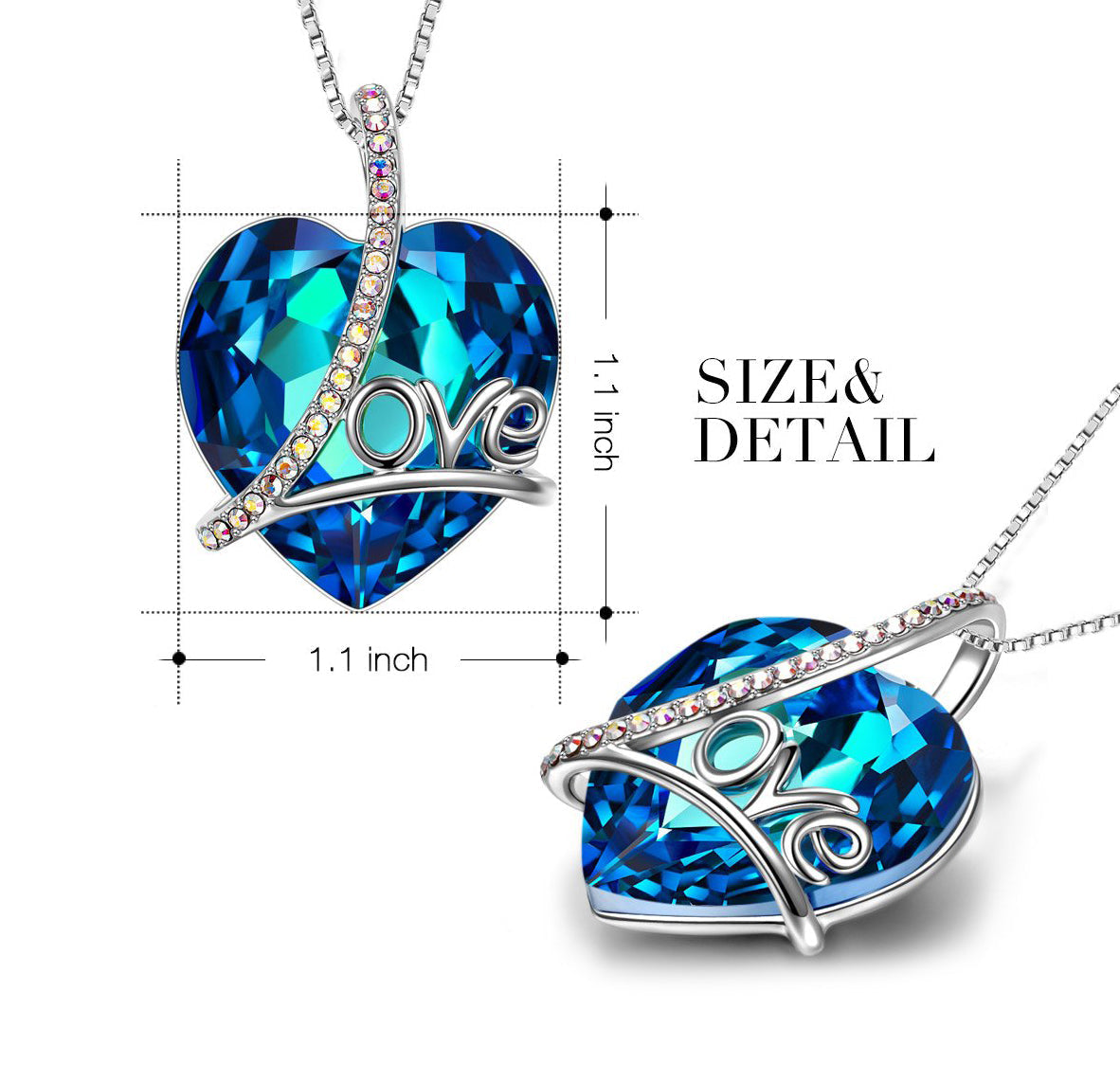 Classic Blue Love Heart Necklace in Rhodium Plating