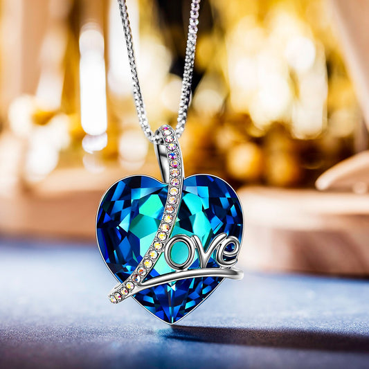 Classic Blue Love Heart Necklace in Rhodium Plating