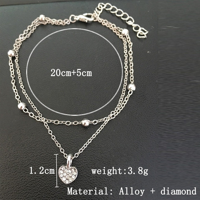 Double Silver Ankle Chain Heart Ankle Bracelet Festival Jewellery