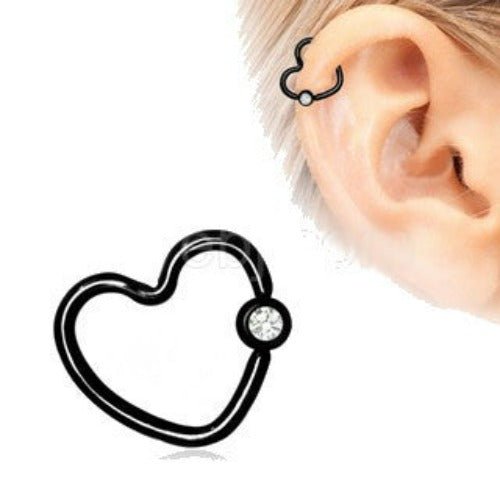 Black PVD Plated Heart Captive Bead Ring with Clear CZ